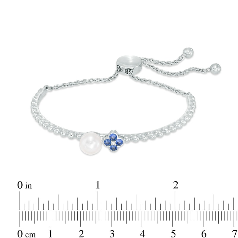 Main Image 2 of Freshwater Cultured Pearl and Lab-Created Blue and White Sapphire Flower Bolo Bracelet in Sterling Silver-9.0"