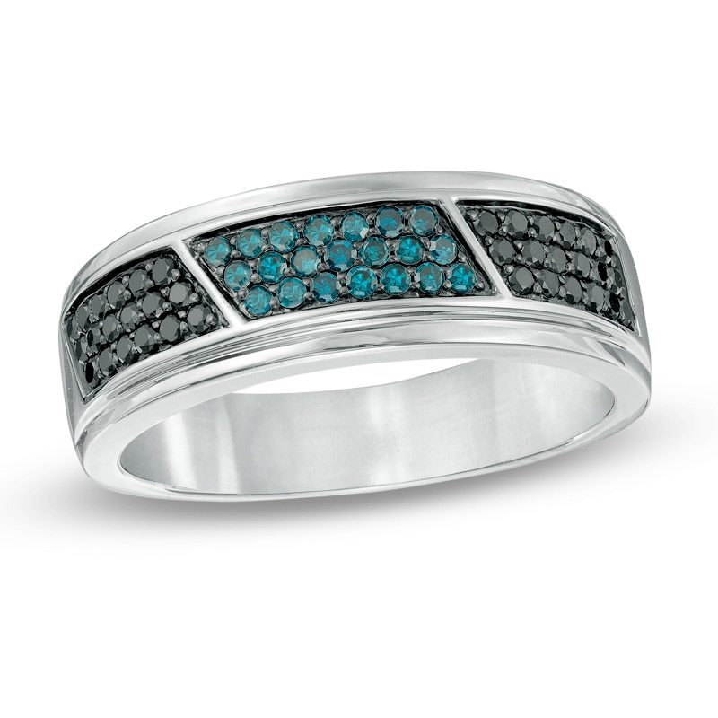 Main Image 1 of 1/2 CT. T.W. Enhanced Black and Blue Diamond Slant Panel Band in Sterling Silver
