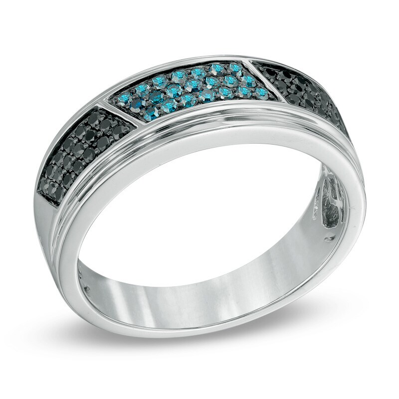 Main Image 2 of 1/2 CT. T.W. Enhanced Black and Blue Diamond Slant Panel Band in Sterling Silver