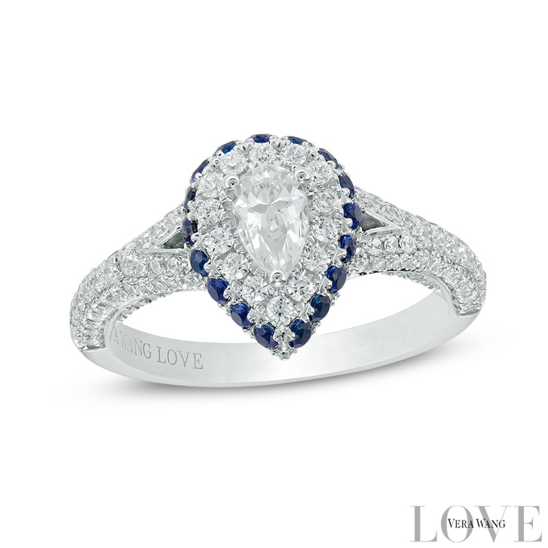 Vera Wang Love Collection 1-1/4 CT. T.W. Pear-Shaped Diamond and Blue Sapphire Frame Engagement Ring in 14K White Gold