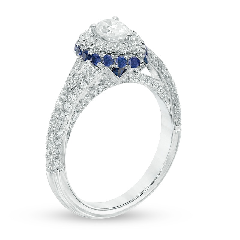 Vera Wang Love Collection 1-1/4 CT. T.W. Pear-Shaped Diamond and Blue Sapphire Frame Engagement Ring in 14K White Gold