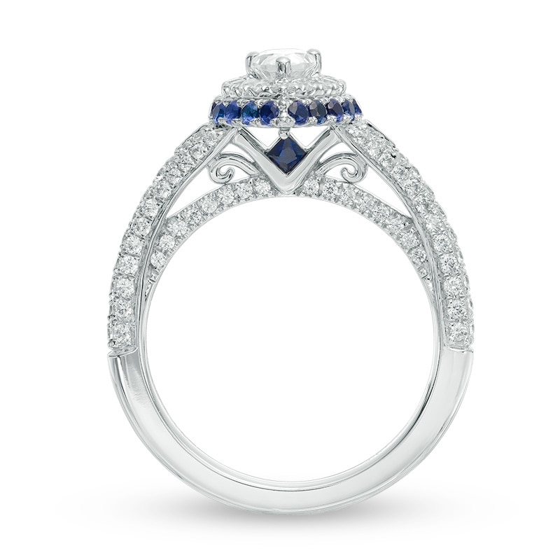 Vera Wang Love Collection 1-1/4 CT. T.W. Pear-Shaped Diamond and Blue Sapphire Frame Engagement Ring in 14K White Gold