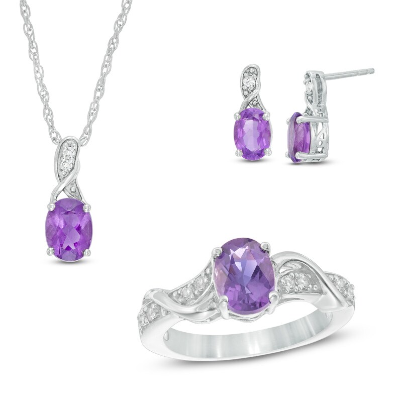 Main Image 1 of Oval Amethyst and Lab-Created White Sapphire Pendant, Earrings and Ring Set in Sterling Silver - Size 7