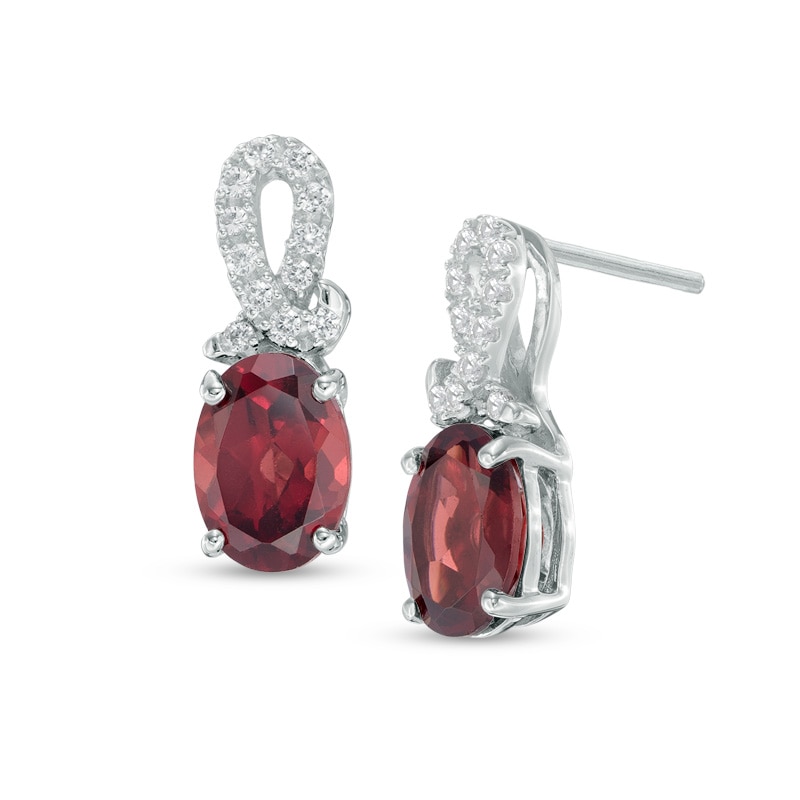 Oval Garnet and Lab-Created White Sapphire Loop Drop Earrings in Sterling Silver