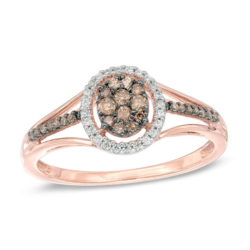 Main Image 1 of 1/4 CT. T.W. Champagne and White Composite Diamond Oval Frame Split Shank Ring in 10K Rose Gold
