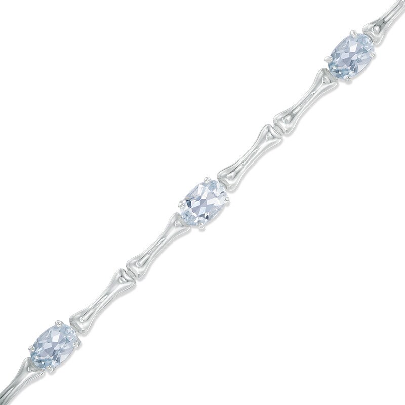 Main Image 1 of Oval Aquamarine Bamboo Bracelet in Sterling Silver - 7.25"