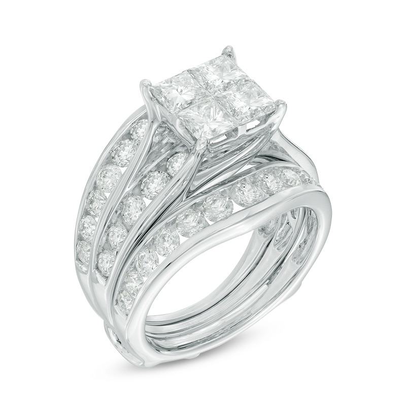Main Image 2 of 3-3/8 CT. T.W. Quad Princess-Cut Diamond Bridal Set in 14K White Gold