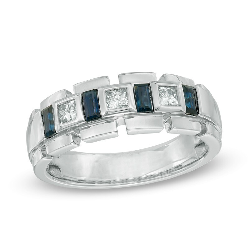 Main Image 1 of Men's Baguette Blue Sapphire and 1/3 CT. T.W. Square-Cut Diamond Alternating Band in 14K White Gold