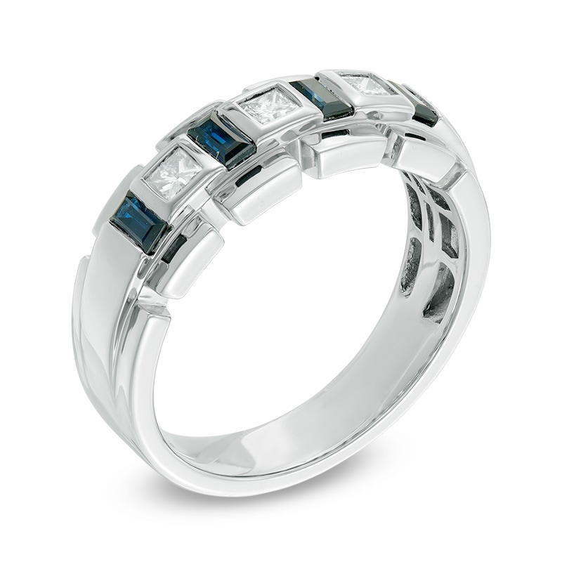 Main Image 2 of Men's Baguette Blue Sapphire and 1/3 CT. T.W. Square-Cut Diamond Alternating Band in 14K White Gold