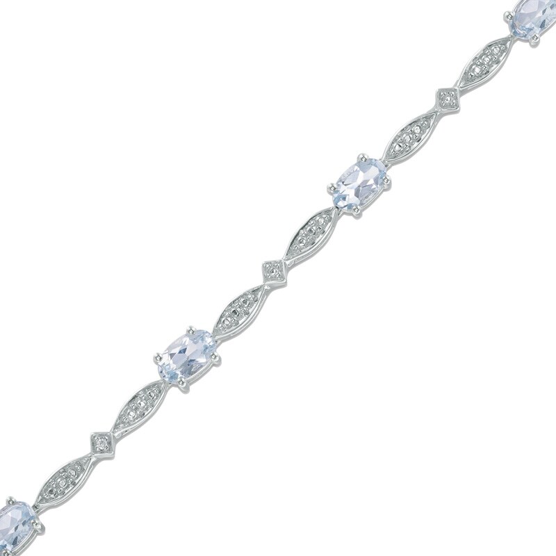 Main Image 1 of Oval Aquamarine and Diamond Accent Vintage-Style Bracelet in Sterling Silver - 7.25"