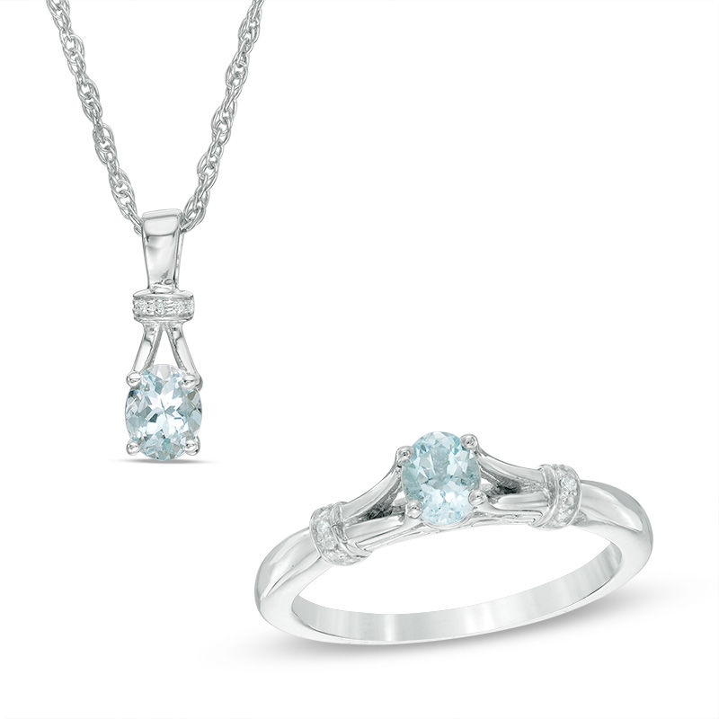 Oval Aquamarine and Diamond Accent Collar Pendant and Ring Set in