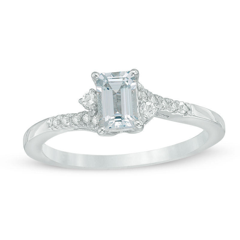 Main Image 1 of Emerald-Cut Aquamarine, White Topaz and Diamond Accent Bypass Ring in 10K White Gold