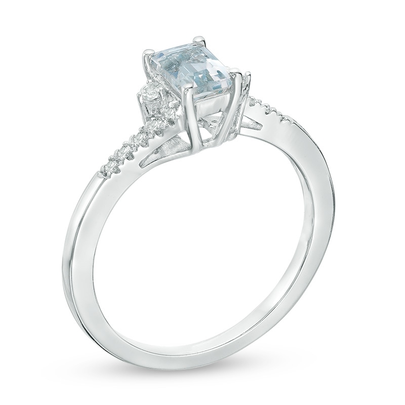 Main Image 2 of Emerald-Cut Aquamarine, White Topaz and Diamond Accent Bypass Ring in 10K White Gold