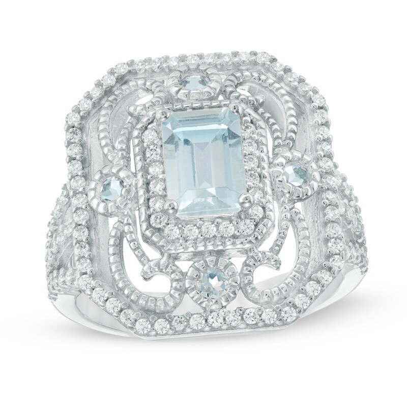 Main Image 1 of Octagonal Aquamarine and Lab-Created White Sapphire Vintage-Style Filigree Ring in Sterling Silver