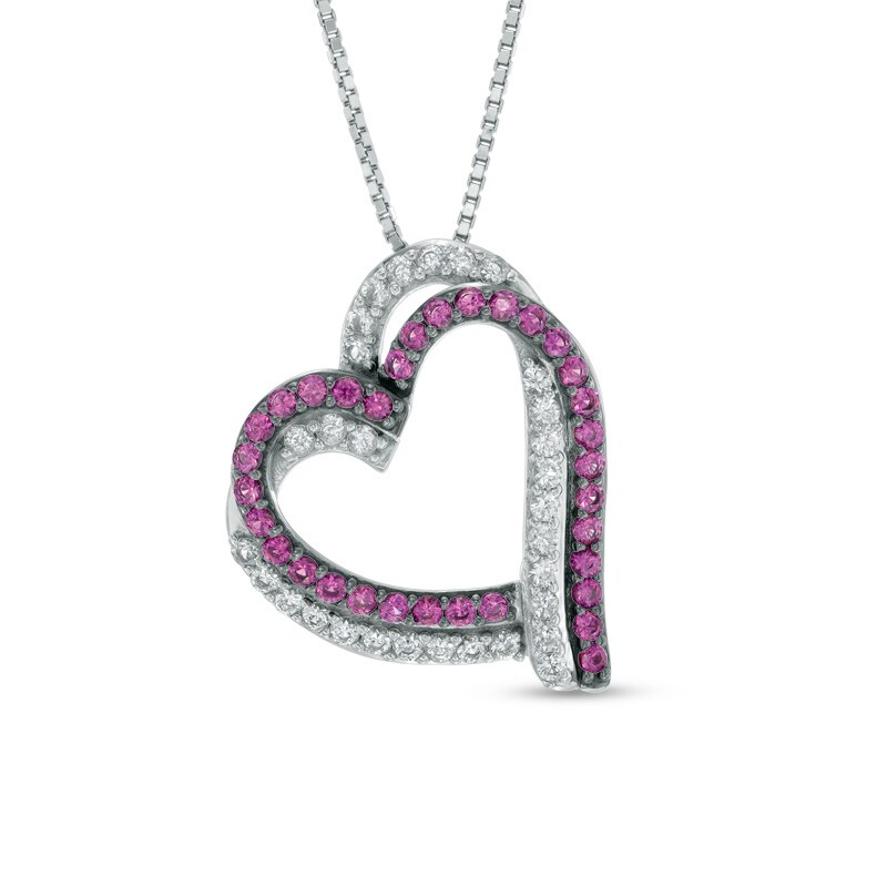 Main Image 1 of Lab-Created Ruby and White Sapphire Intertwined Hearts Pendant in Sterling Silver