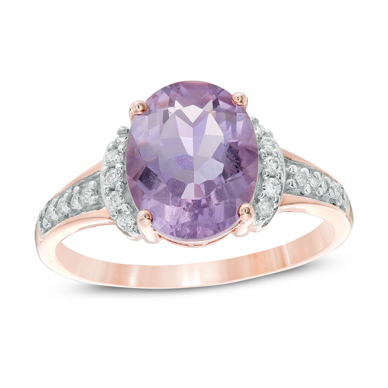 Oval Rose de France Amethyst and Lab-Created White Sapphire Collar Ring in 10K Rose Gold