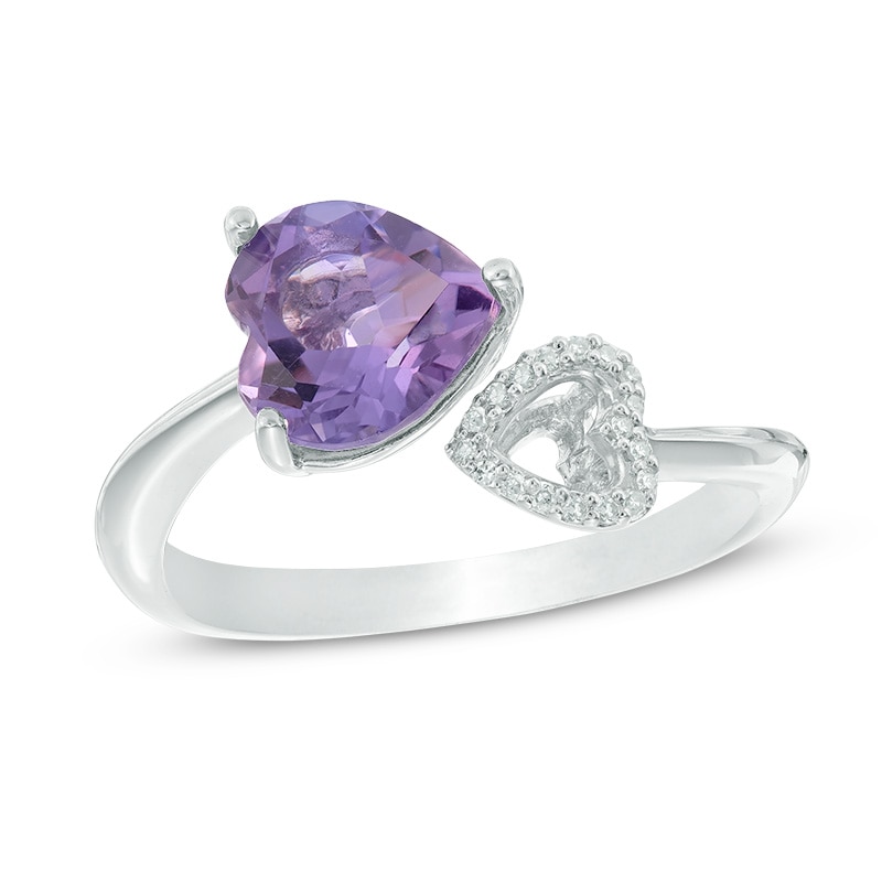 Main Image 1 of 8.0mm Heart-Shaped Amethyst and Lab-Created White Sapphire Bypass Ring in Sterling Silver