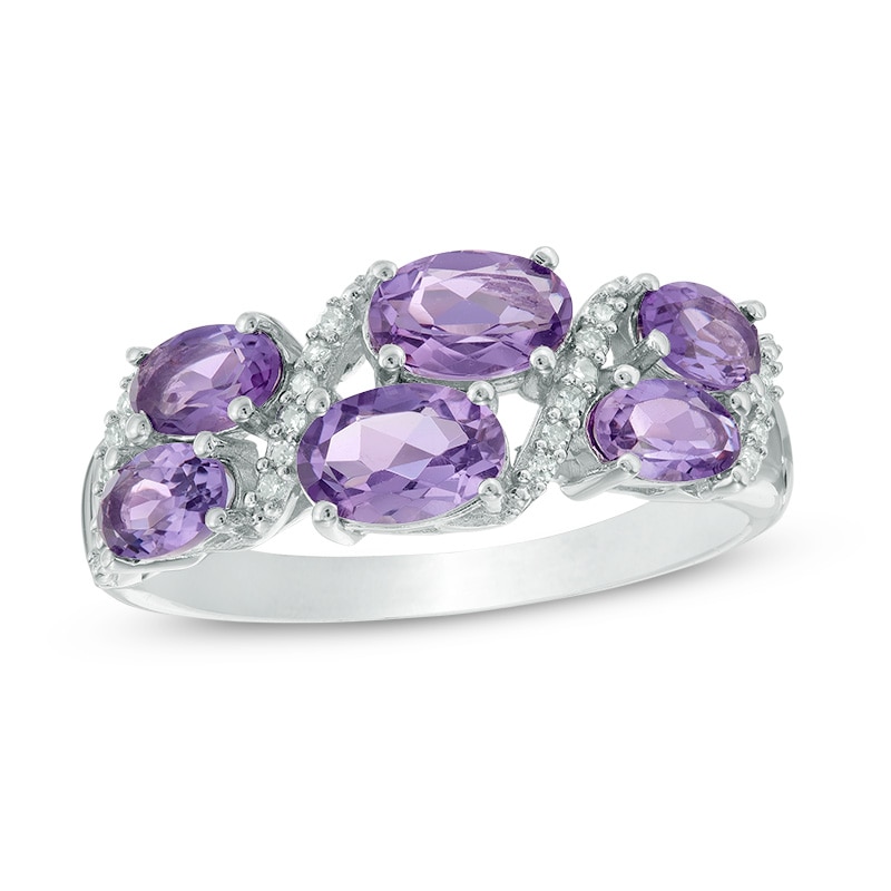 Oval Amethyst and Diamond Accent Double Row Ring in Sterling Silver