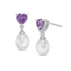 Oval Cultured Freshwater Pearl, Heart-Shaped Amethyst and Diamond Accent Drop Earrings in Sterling Silver