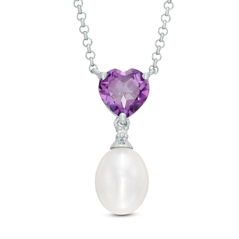 Main Image 1 of Pear-Shaped Freshwater Cultured Pearl, Heart-Shaped Amethyst and Diamond Accent Necklace in Sterling Silver-17"