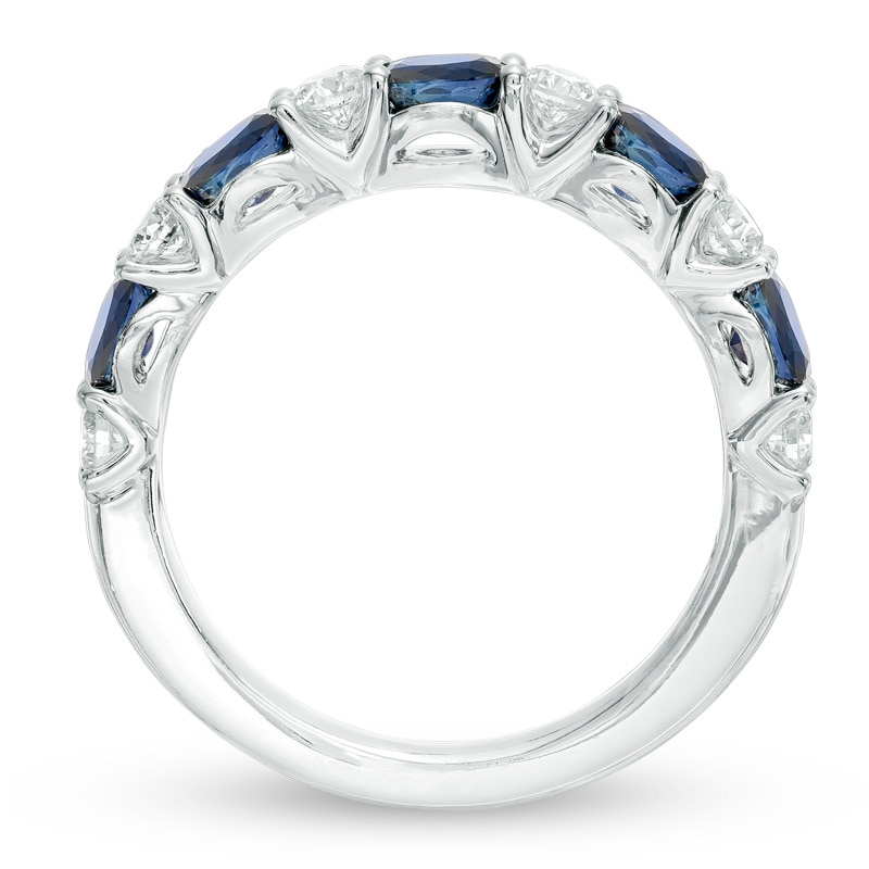 Vera Wang Love Collection Oval Blue Sapphire and 3/8 CT. T.W. Diamond Alternating Band in 14K White Gold