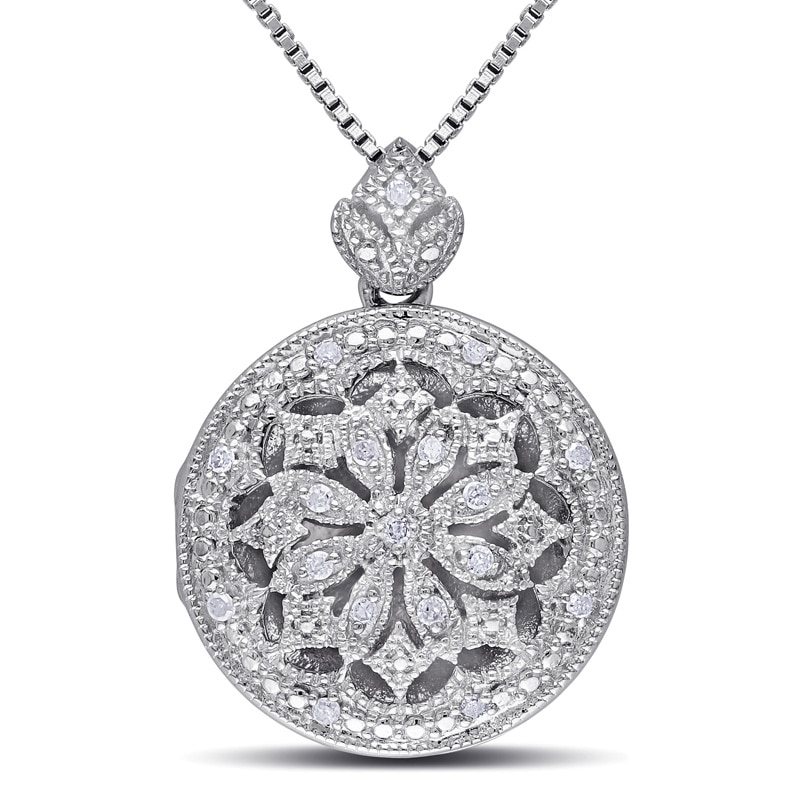 1/10 CT. T.W. Diamond Flower Vintage-Style Medallion Locket Pendant in Sterling Silver