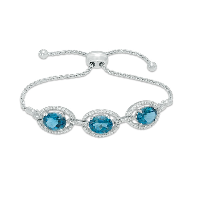 Main Image 1 of Oval London Blue Topaz and Lab-Created White Sapphire Frame Three Stone Bolo Bracelet in Sterling Silver - 9.0"