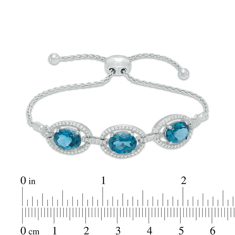 Main Image 2 of Oval London Blue Topaz and Lab-Created White Sapphire Frame Three Stone Bolo Bracelet in Sterling Silver - 9.0"