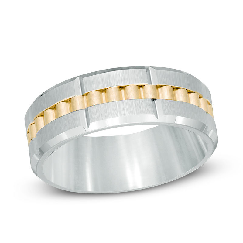 Men's 8.0mm Comfort Fit Gear-Shaped Center Inlay Two-Tone Tungsten Wedding Band - Size 10