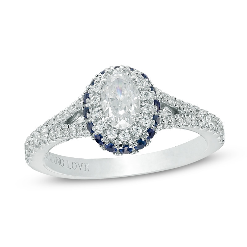 Main Image 1 of Vera Wang Love Collection 3/4 CT. T.W. Oval Diamond and Blue Sapphire Frame Engagement Ring in 14K White Gold