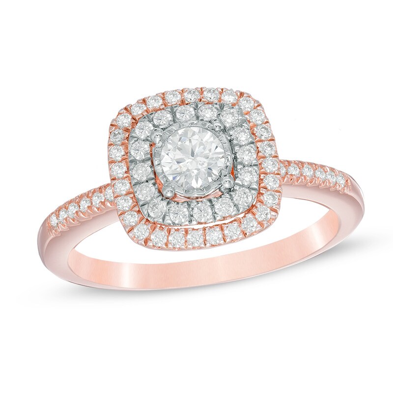 Main Image 1 of 1/2 CT. T.W. Diamond Double Cushion Frame Engagement Ring in 10K Two-Tone Gold