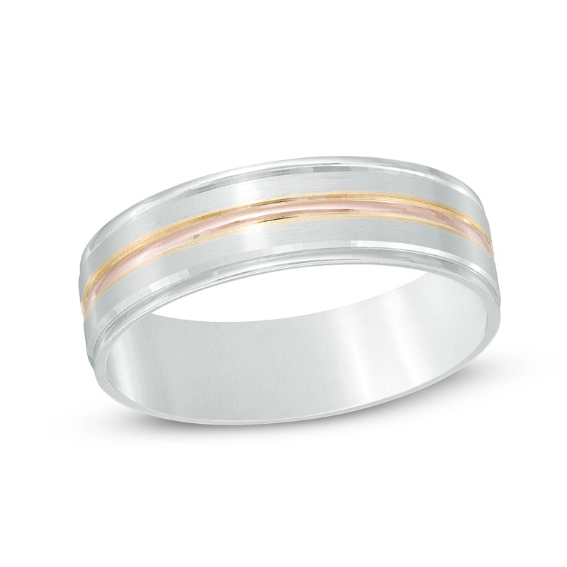 Men's 6.0mm Comfort Fit Striped Wedding Band in 10K Two-Tone Gold - Size 10