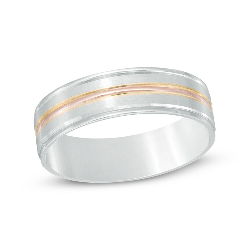 Men's 6.0mm Comfort Fit Striped Wedding Band in 10K Two-Tone Gold - Size 10