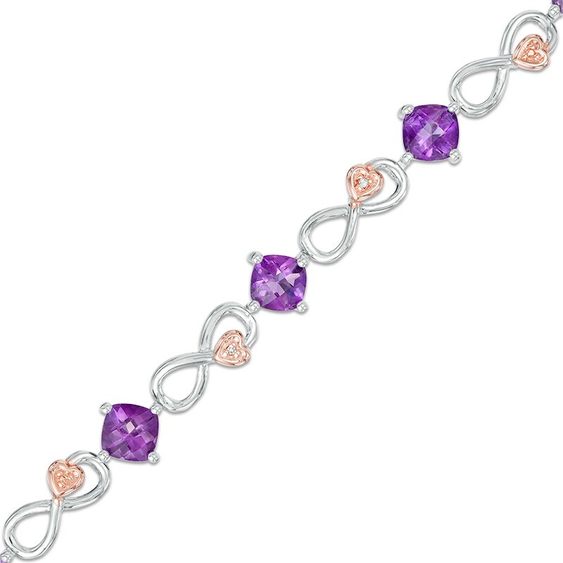 Main Image 1 of 5.0mm Cushion-Cut Amethyst and Diamond Accent Infinity Bracelet in Sterling Silver and 10K Rose Gold Plate