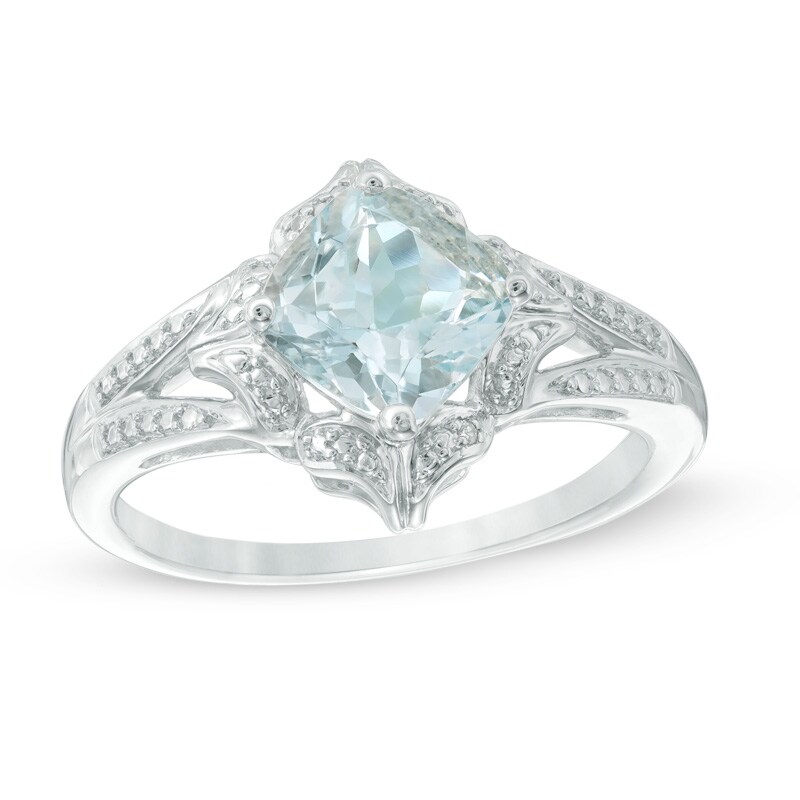 7.0mm Cushion-Cut Aquamarine and Diamond Accent Split Shank Ring in Sterling Silver