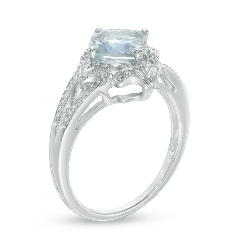 7.0mm Cushion-Cut Aquamarine and Diamond Accent Split Shank Ring in Sterling Silver
