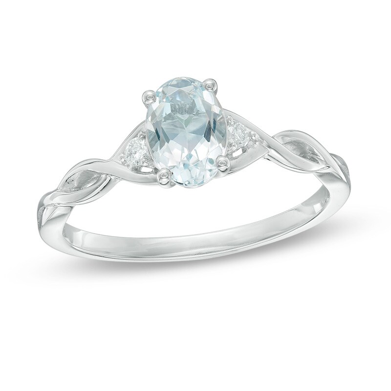 Main Image 1 of Oval Aquamarine and Diamond Accent Twist Ring in 10K White Gold
