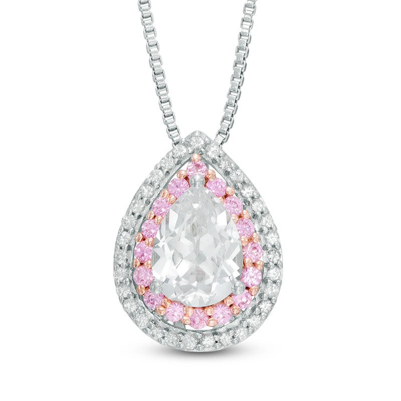 Main Image 1 of Pear-Shaped Lab-Created White and Pink Sapphire Double Frame Pendant in Sterling Silver