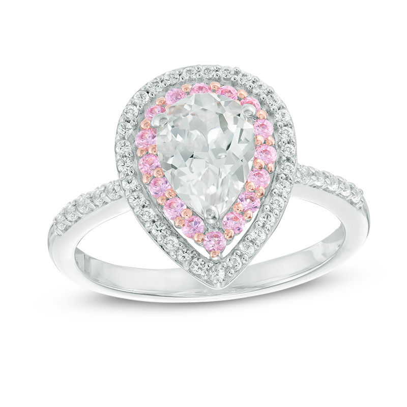 Main Image 1 of Pear-Shaped Lab-Created White and Pink Sapphire Double Frame Ring in Sterling Silver