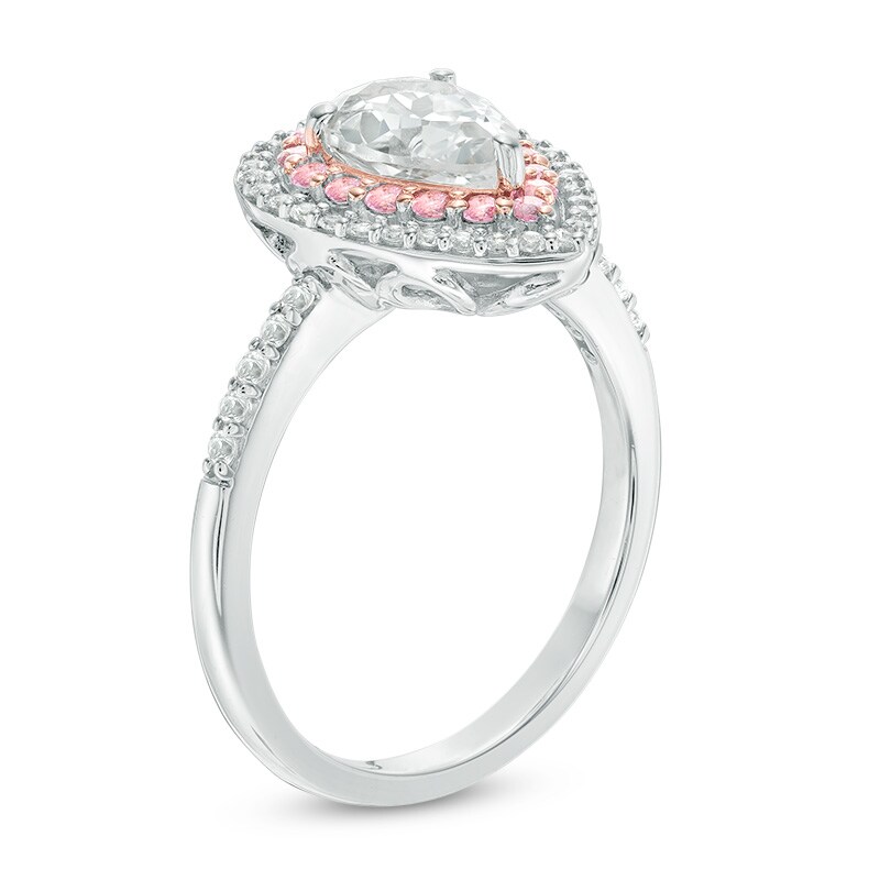 Main Image 2 of Pear-Shaped Lab-Created White and Pink Sapphire Double Frame Ring in Sterling Silver