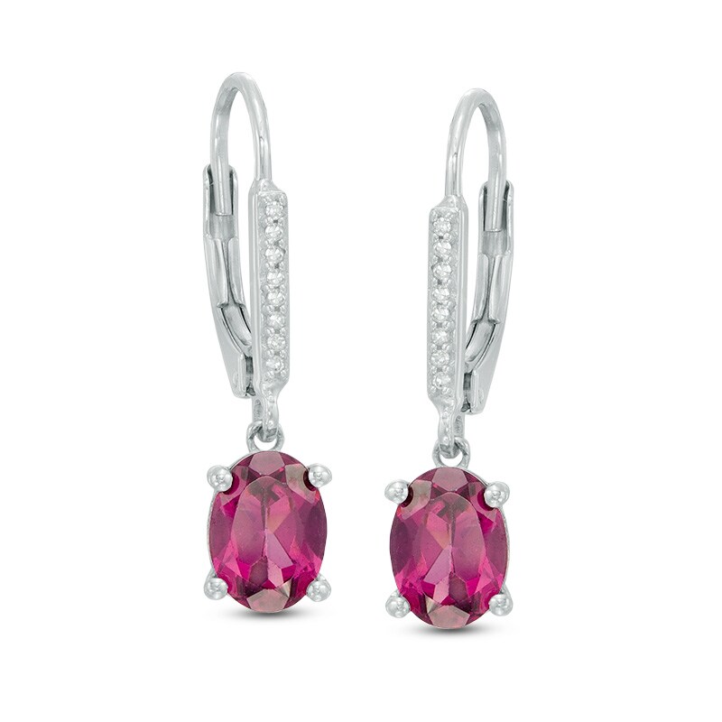 Main Image 1 of Oval Rhodolite Garnet and Diamond Accent Drop Earrings in Sterling Silver