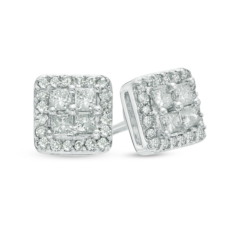 Main Image 1 of 3/8 CT. T.W. Quad Princess-Cut Diamond Frame Stud Earrings in 10K White Gold