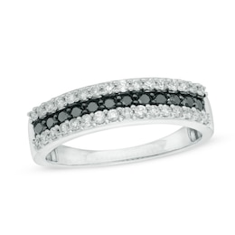 1/2 CT. T.W. Enhanced Black and White Diamond Three Row Anniversary Band in 10K White Gold