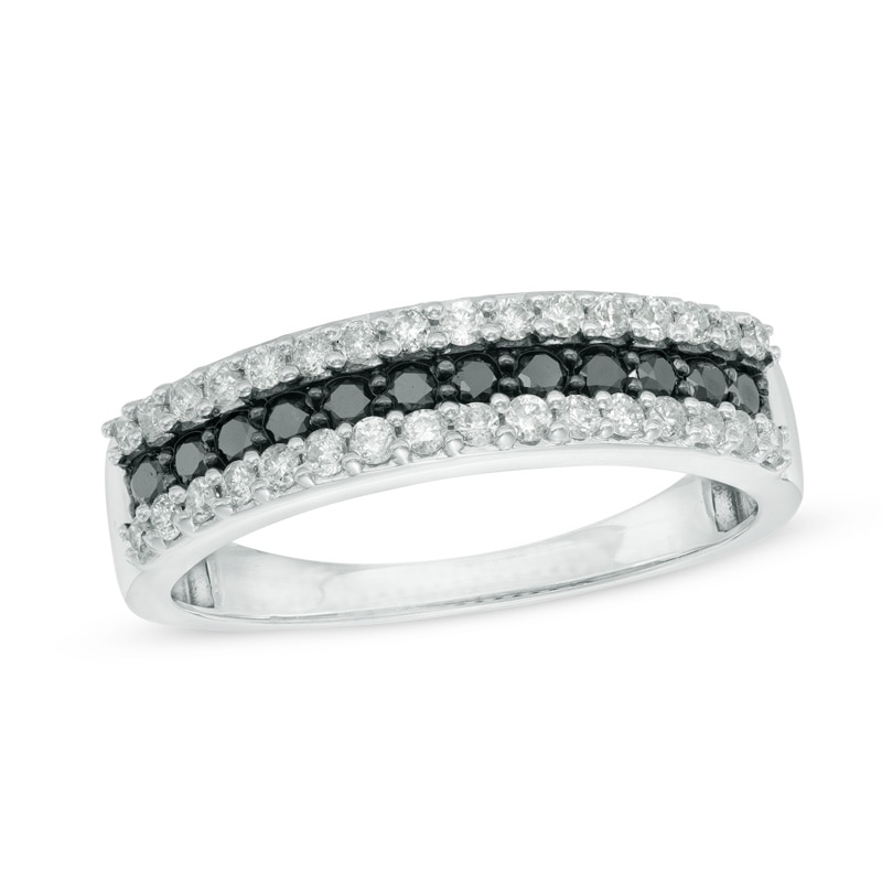 Main Image 1 of 1/2 CT. T.W. Enhanced Black and White Diamond Three Row Anniversary Band in 10K White Gold