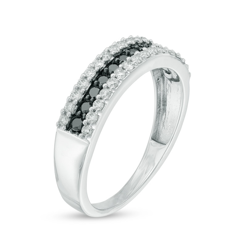 Main Image 2 of 1/2 CT. T.W. Enhanced Black and White Diamond Three Row Anniversary Band in 10K White Gold