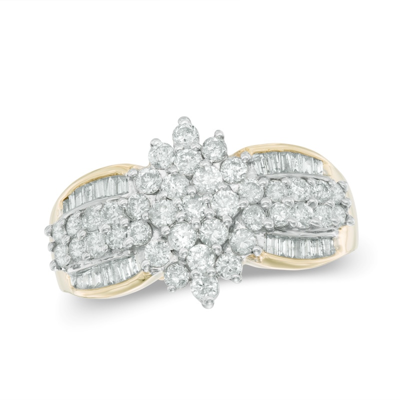 1 CT. T.W. Round and Baguette-Cut Multi-Diamond Engagement Ring in 14K Gold
