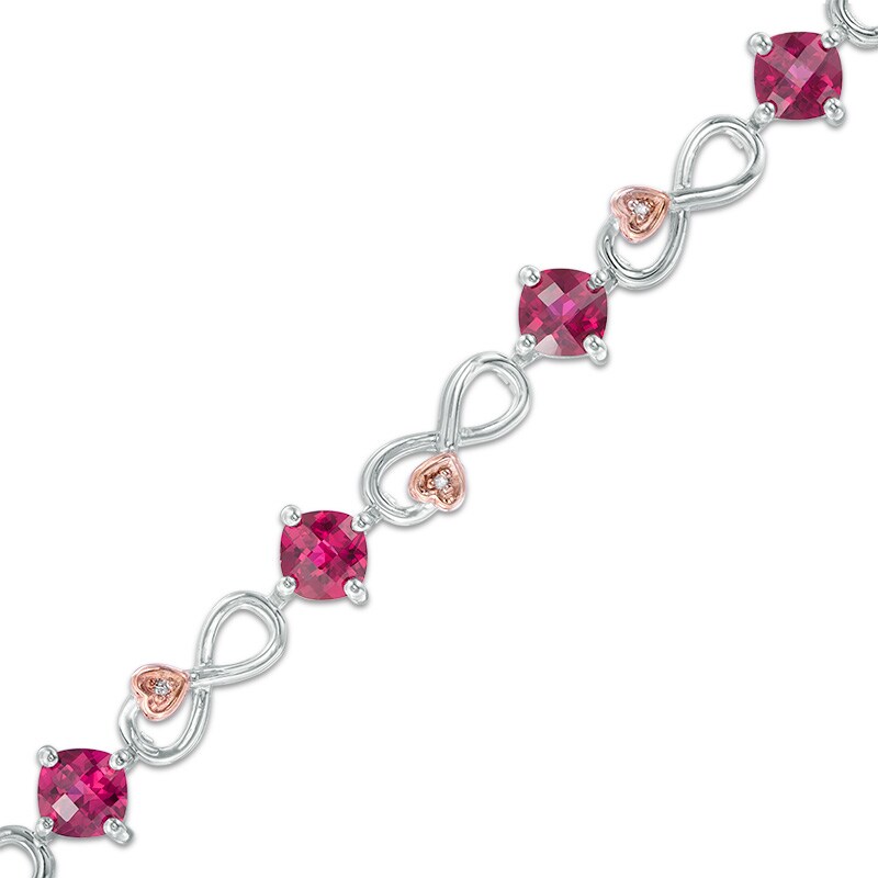 Main Image 1 of 5.0mm Cushion-Cut Lab-Created Ruby and Diamond Accent Infinity Bracelet in Sterling Silver and 10K Rose Gold Plate