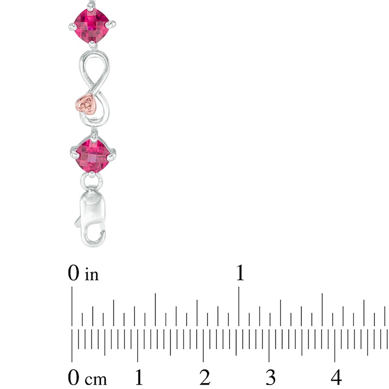 Main Image 2 of 5.0mm Cushion-Cut Lab-Created Ruby and Diamond Accent Infinity Bracelet in Sterling Silver and 10K Rose Gold Plate