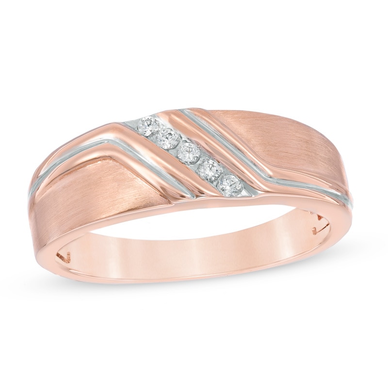 Men's 1/10 CT. T.W. Diamond Five Stone Slant Wedding Band in 10K Rose Gold