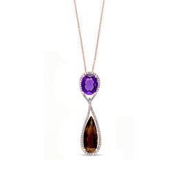 EFFY™ Collection Amethyst, Elongated Smoky Quartz and 1/3 CT. T.W. Diamond Drop Pendant in 14K Rose Gold